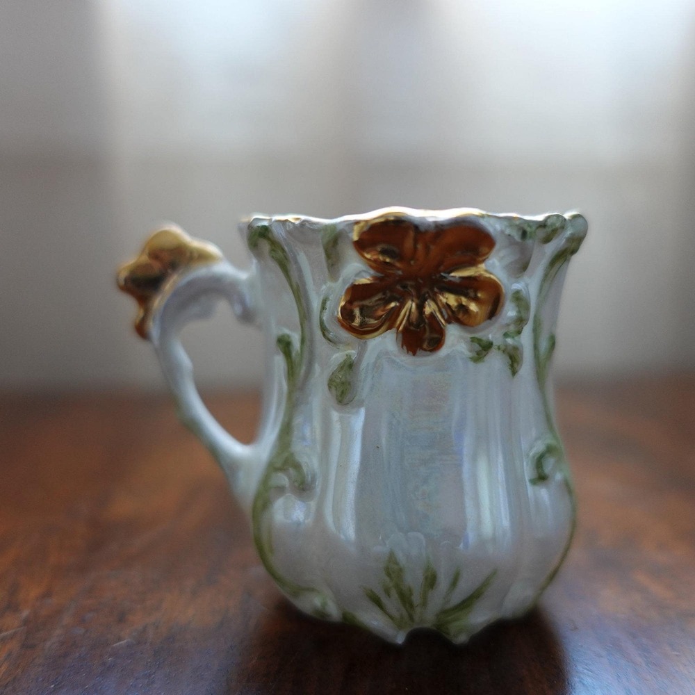 Vintage Miniature Porcelain Demitasse Cup White Gold Shamrock Clover Collectible
